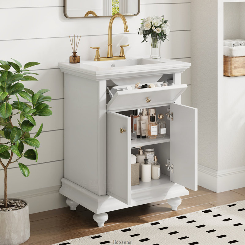 24" Modern French Bathroom Vanity with Tip-Out Drawer, Soft-Close Hinges, Ball-Turned Legs, Back Open Structure, White, White