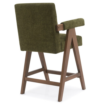 Occeus Set of 2 Full Back 25.5" Walnut Wood Upholstered Counter Stool With Arms