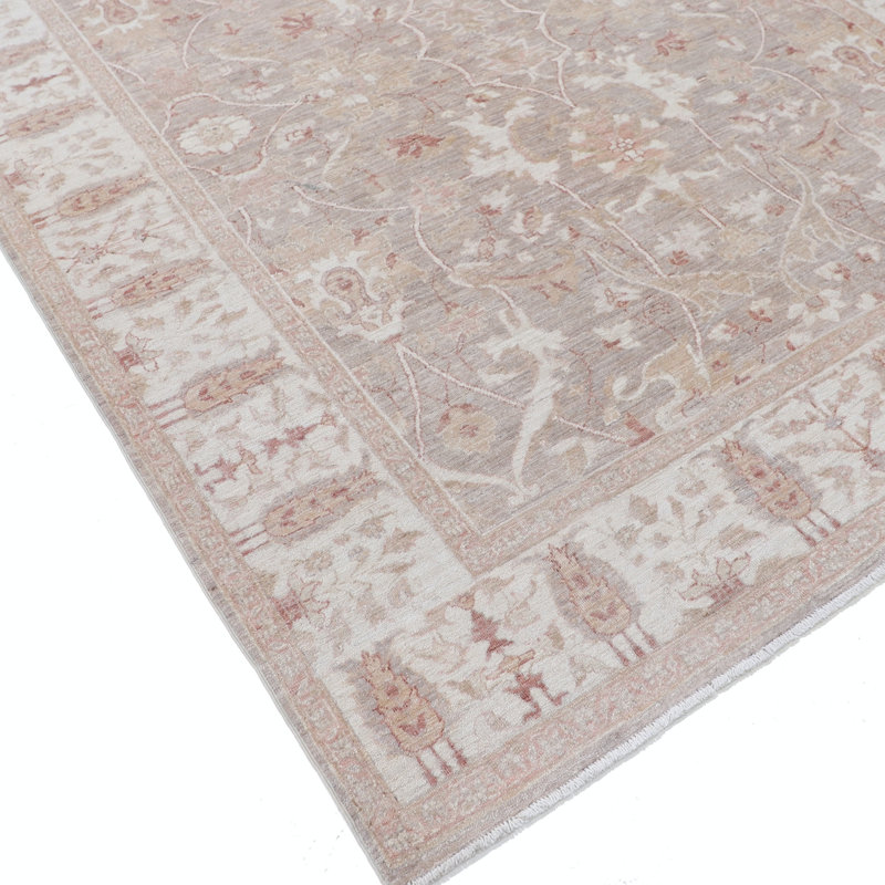 Tapis en laine noué à la main beige, rosé et taupe 6 x 8 pi, tapis à motif floral traditionnel