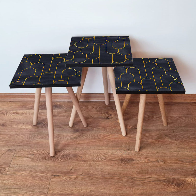 Ensemble de 3 tables gigognes modernes (noir et doré) 13,8 po x 20,5 po x 13,8 po | Robuste 100% panneau de fibres à densité moyenne avec pieds en bois de hêtre, design géométrique élégant | Parfait pour le salon, le bureau et la décoration intérieure élégante