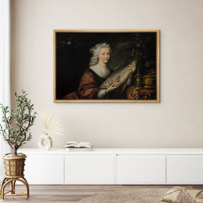 Classic Baroque Lady with Fish Portrait Vintage Still Life Framed Canvas Master Bedroom Wall Art Work Print
