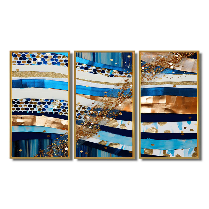Ensemble de salon art mural Blue Sparkling, Cadre flottant doré, H 28 po x l 36 po x P 1 po