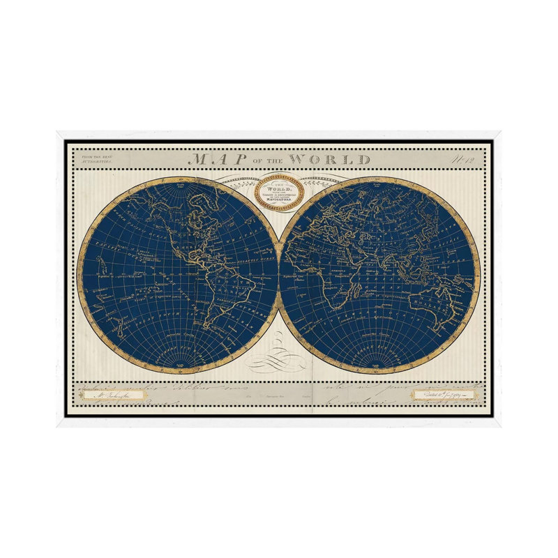 Torkingtons World Map Indigo Globes by Sue Schlabach - Print on Canvas, White Floater Framed