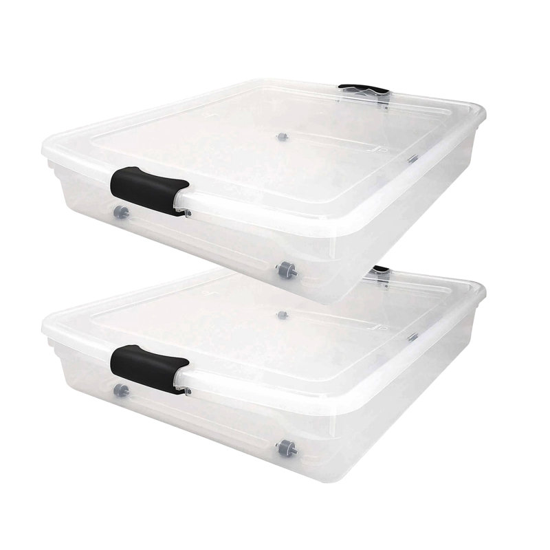 Homz Underbed Secure Latching Clear Plastic Storage Container, 2, 56 qts., Clear/Black