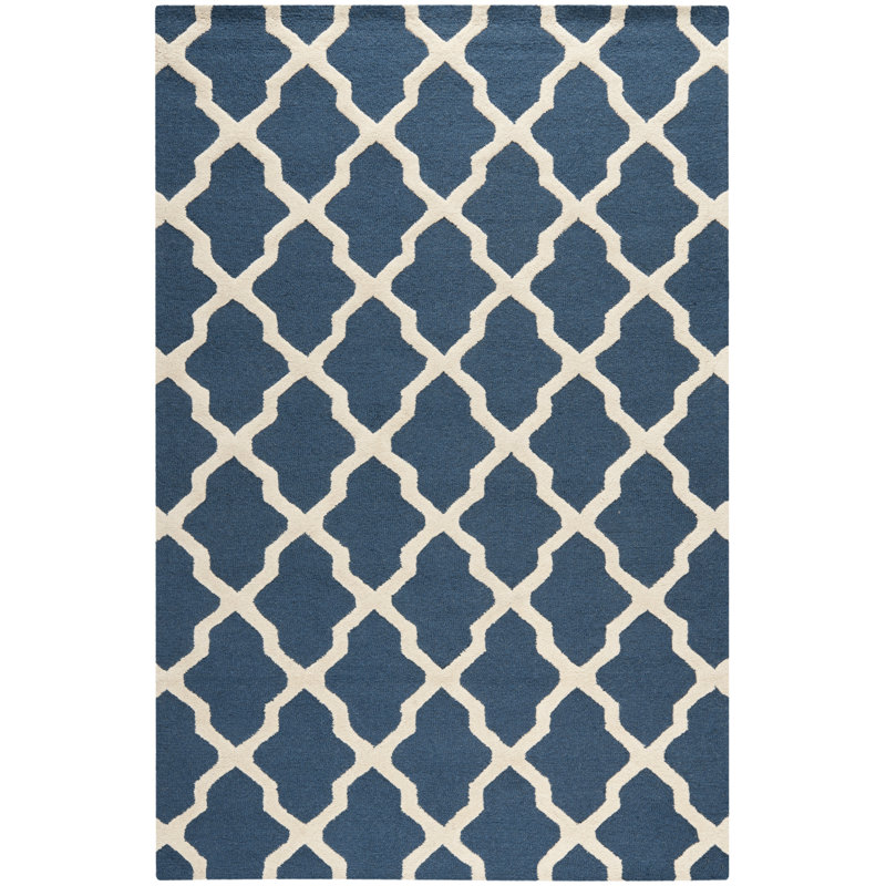 Cannen Hand Tufted Wool Geometric Rug, Rectangle 5' x 8', Navy Blue/Ivory