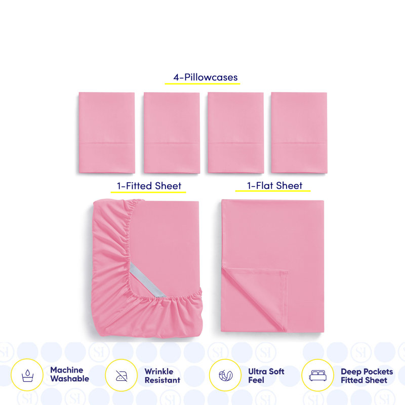 Luxurious Soft Microfiber Sheet Set with Bonus Pillowcases, Pink, Cal. King Sheet Set with 4 Pillowcases