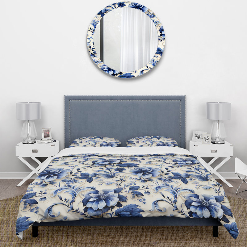 Ensemble de housse de couette motif ornemental bleu frise victorienne, Housse de couette pour très grand lit et 2 très