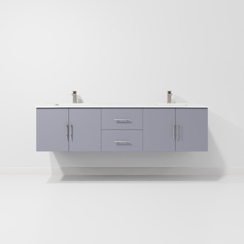 Geneva 72" Wall-Mounted Double Bathroom Vanity Set, Dark Gray, White Quartz