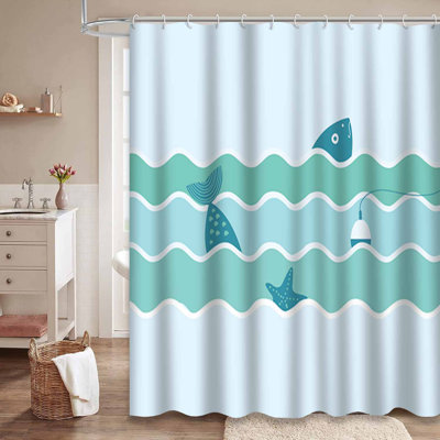 Waterproof Flat Fish Starfish Sea Fishing Shower Curtain with 12 Hooks