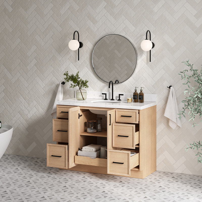 ARIEL Kelly 48 Single Sink Bathroom Vanity with Carrara Quartz Top, Oak, 48"