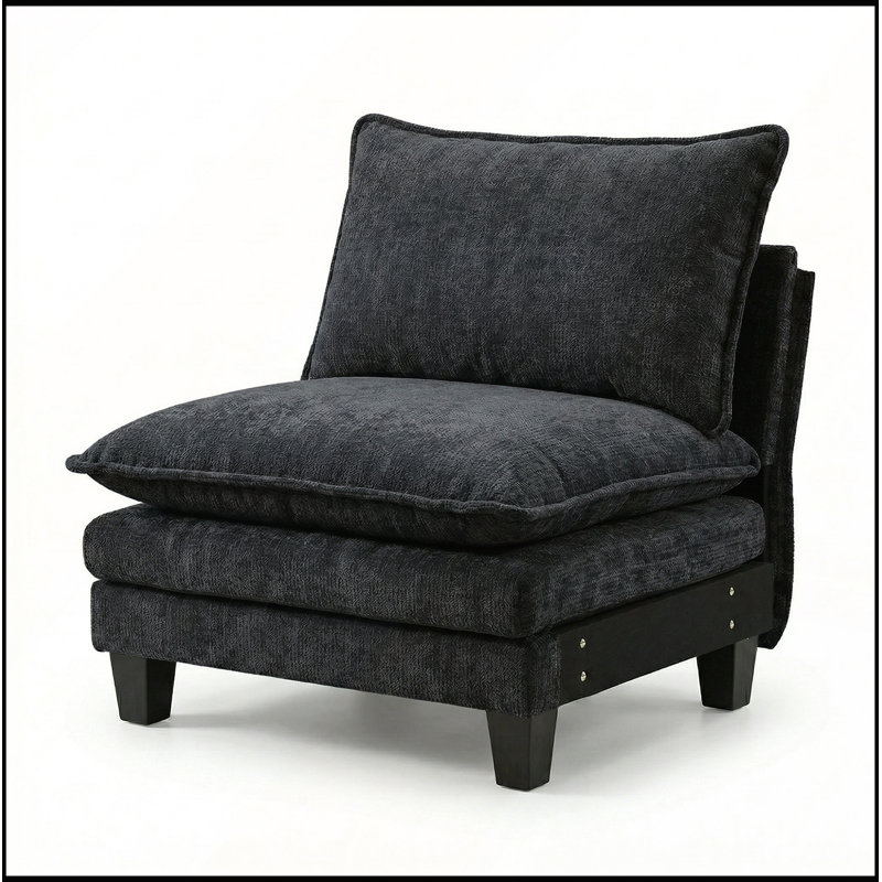 Fauteuil d'appoint en chenille noir sans accoudoirs, canapé simple modulaire moderne pour le salon et coin lecture, fauteuil club surdimensionné confortable