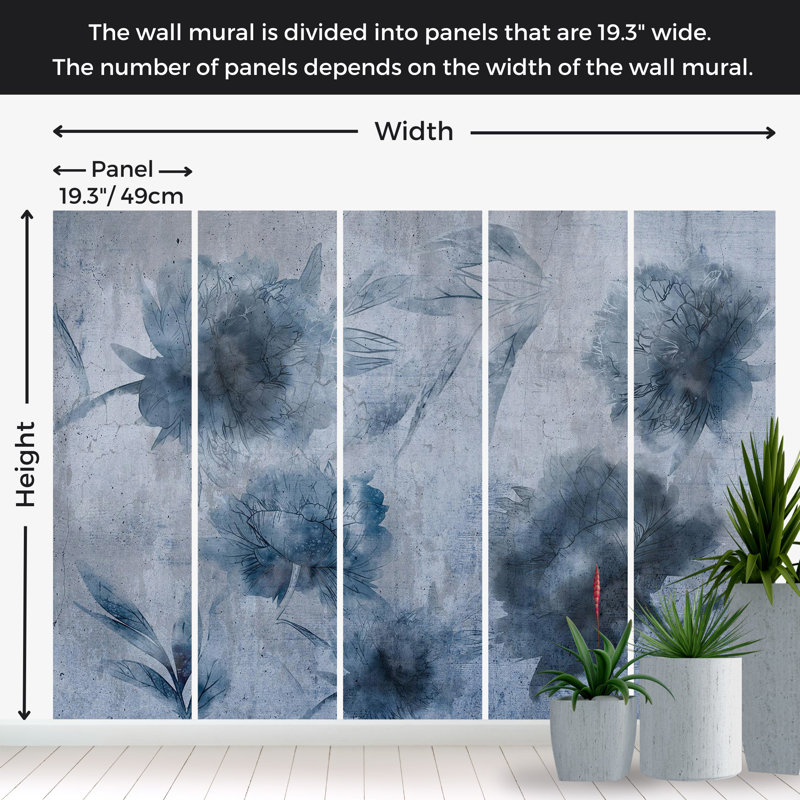 Murale florale pelez et collez - pivoines aquarelles bleues, L 82 po x l 115 po