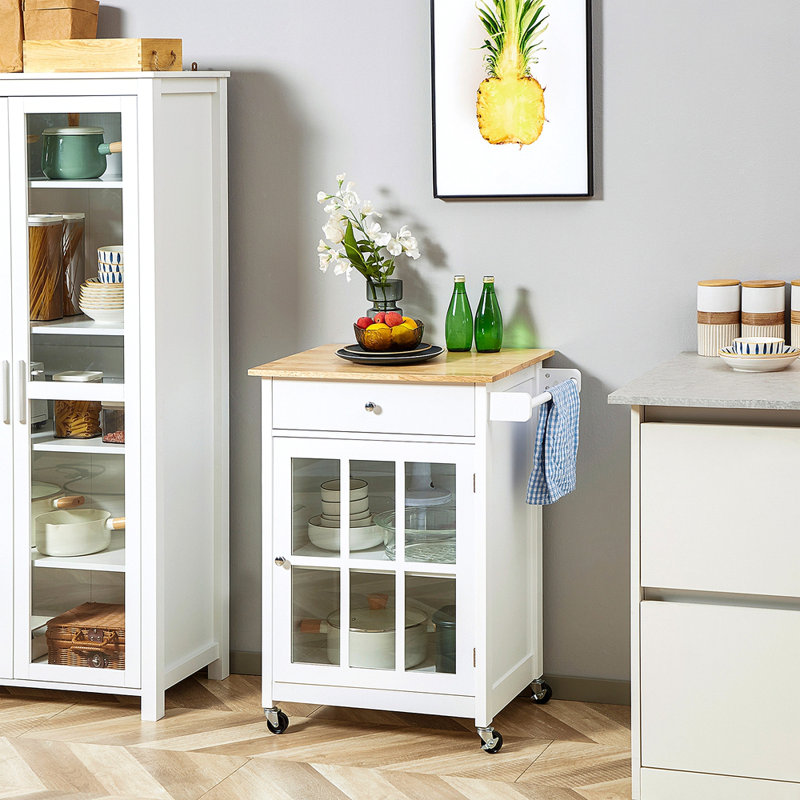Chariot pour îlot de cuisine 27 "avec tiroir et porte vitrée, chariot de cuisine avec tablette réglable et porte-serviettes, blanc