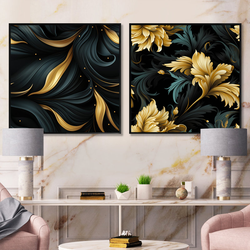 Cachemire noir et doré Elegant Ebony III - Ensemble de 2 collages floraux et botaniques carrés, Cadre flottant noir