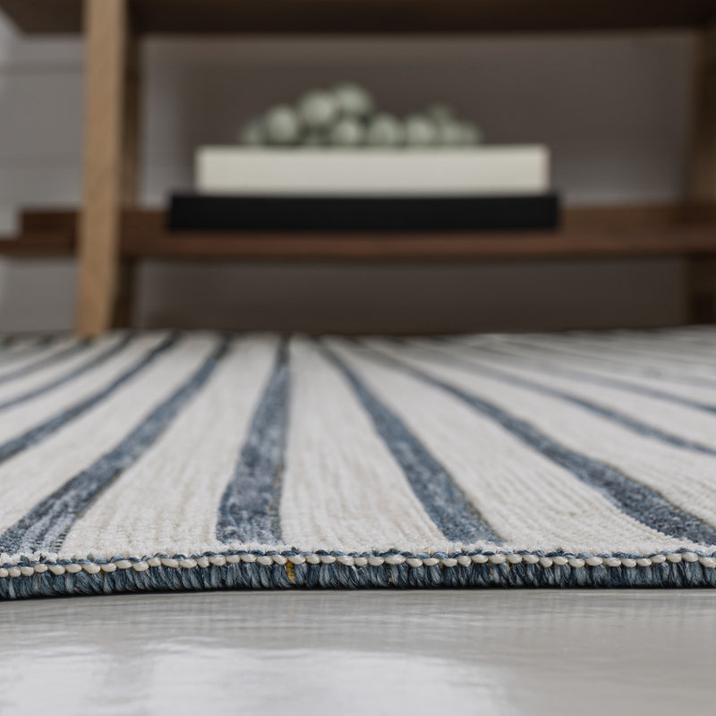 Leterra Classic Coastal Pinstripe Reversible Machine-Washable Navy/Cream Indoor/Outdoor Rug, Rectangle 3'11" x 6'