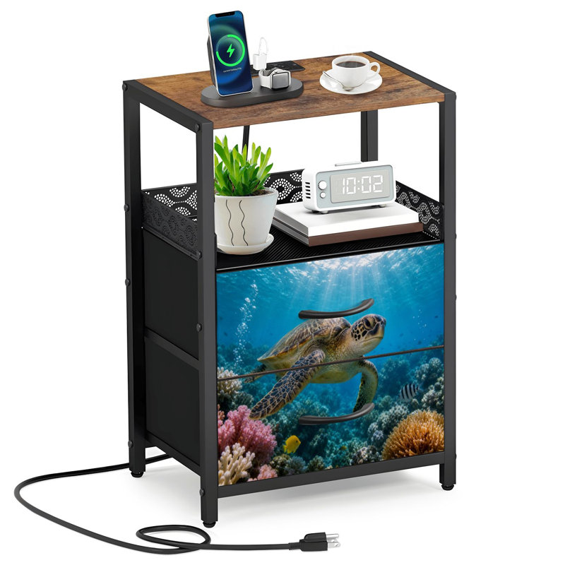 Table de chevet 2 tiroirs en tissu avec station de charge Tortue de mer Océan Bord de mer nautique Aquarelle