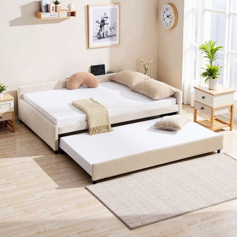 Twin Size Bed Frame, Upholstered Daybed with Trundle Velvet and MDF, Beige