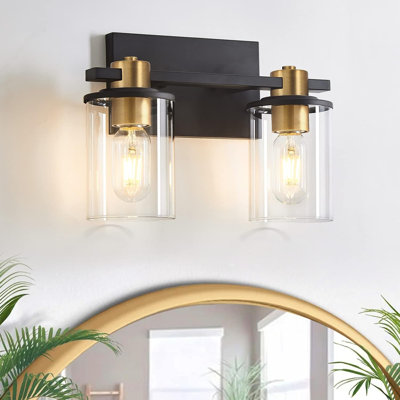 2-Light Bathroom Vanity Light with Clear Glass Shadet, Black and Gold Sconces Wall Lighting, Modern Brushed Vanity Lights for Bedroom, Hallway