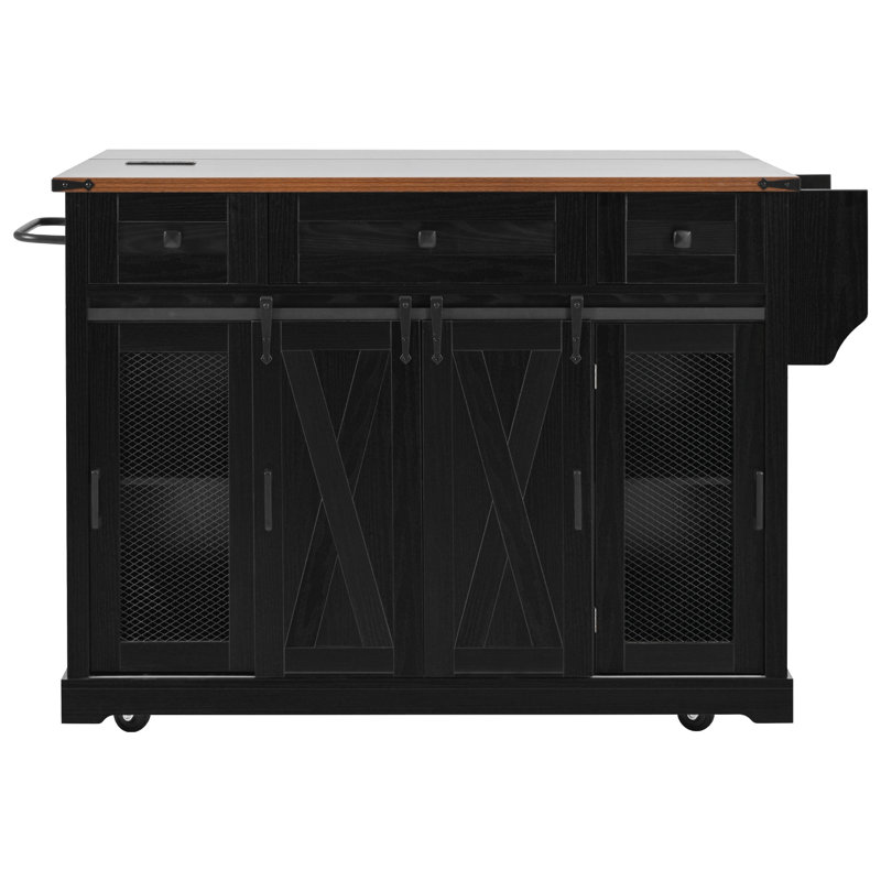 Farmhouse Kitchen Island with Storage, Sliding Barn Door & Metal Grid Side Door, Rolling Kitchen Island on 5 Wheels with Spice Rack, Glass Holders,Island Table with Drop Leaf for Kitchen