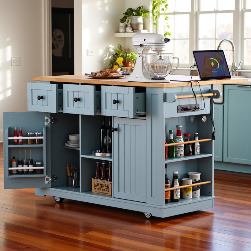 Grand îlot de cuisine de 53 pouces avec rallonge, prise de courant, support de rangement interne de porte, chariot de cuisine sur roulettes sur 5 roulettes avec 5 supports latéraux ouverts pour la cuisine, gris bleu