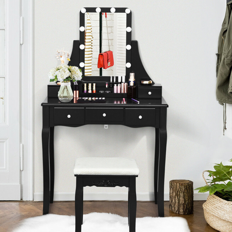 Ensemble de meuble-lavabo en bois massif avec tabouret et miroir Crandell, Noir