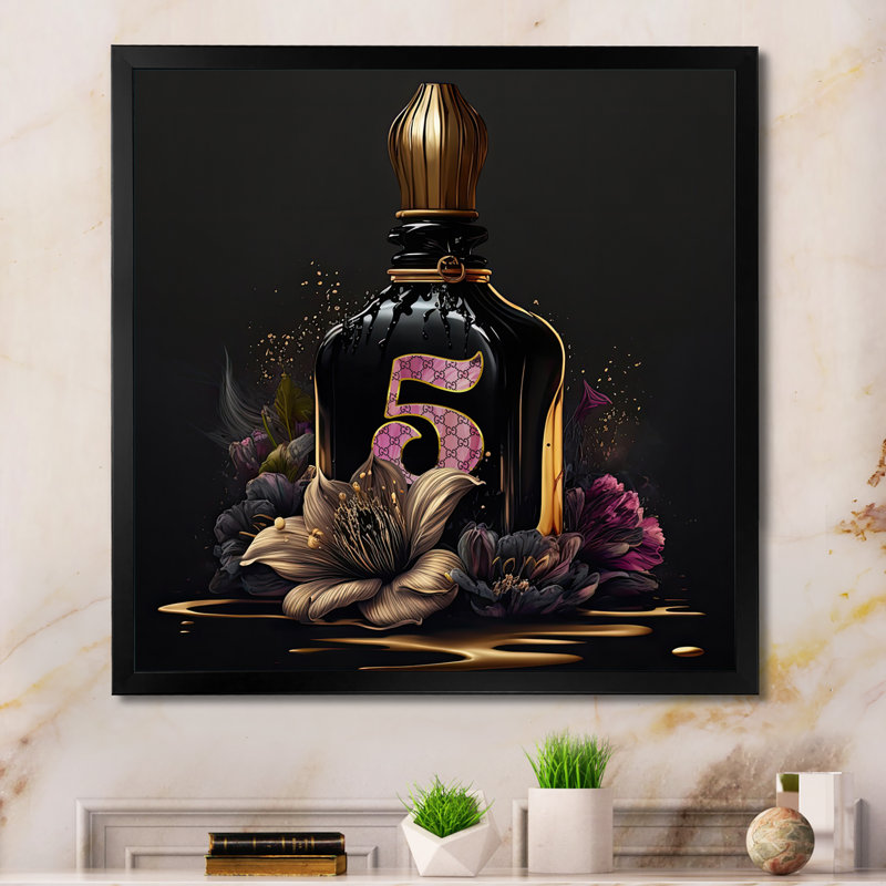 «Chic Perfume Bottle with Pink Roses III», impression sur toile, Impression noire sur toile encadrée