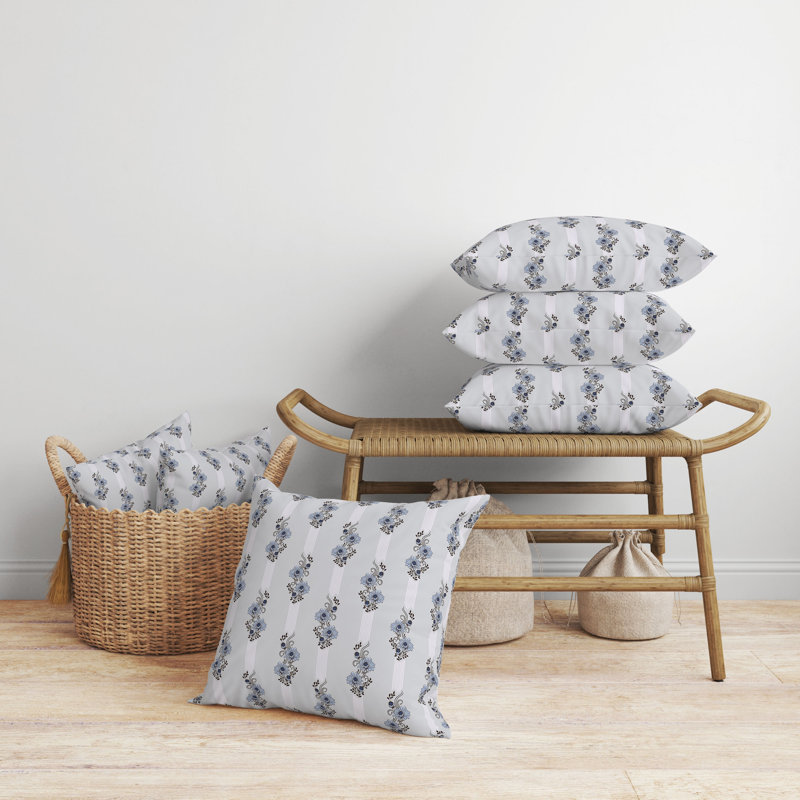 Blue and Black Floral Broadcloth Reversible Throw Pillow