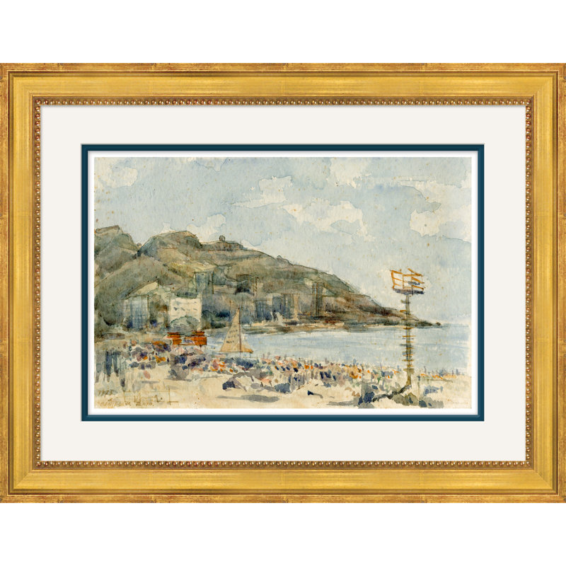 «Cote D'azur» - Peinture encadrée sur papier, H 17,5 po x l 22,5 po x P 1,13 po, Or, Blanc