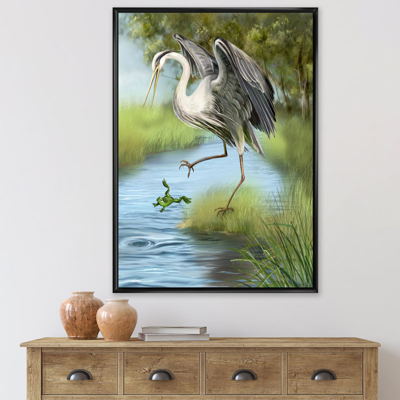 Grue chassant une grenouille dans l'eau - Imprimé campagnard, H 32 po x l 16 po x P 1 po, Cadre noir
