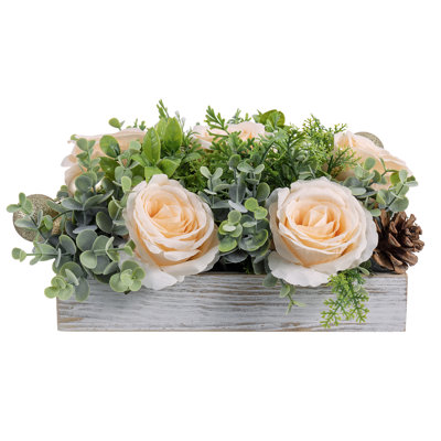 Faux Champagne Rose Flowers Arrangement with Whitewashed Planter Box