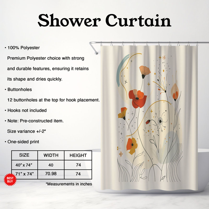 Rideau de douche 1 pièce Florals in Line, H 74 po x l 71 po