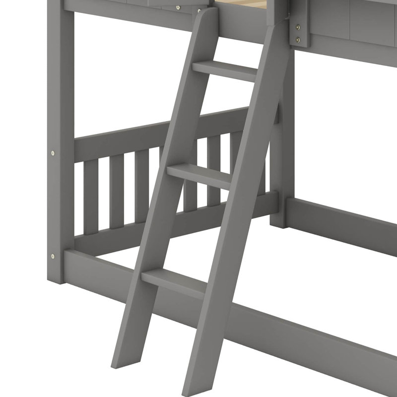 Twin-On-Twin House-Style Bunk Bed Fully Equipped With Roof, Window, Door, Safety Guardrails, And Ladder, Gray