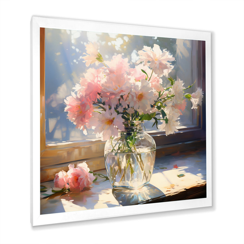 Belles fleurs roses dans un vase ensoleillé - impression, H 16 po x l 16 po x P 1 po, Cadre simple blanc