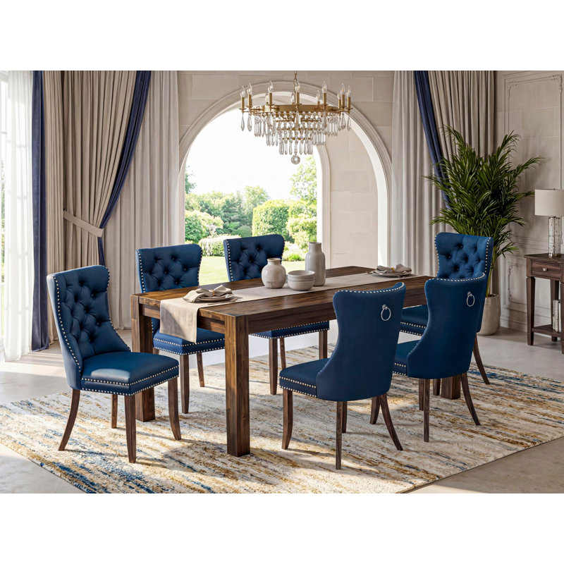 7 Piece Dining Table Set Contains a Rectangle Rustic Wood Kitchen Table and 6 Polyester Fabric Padded Chairs, Distressed Jacobean