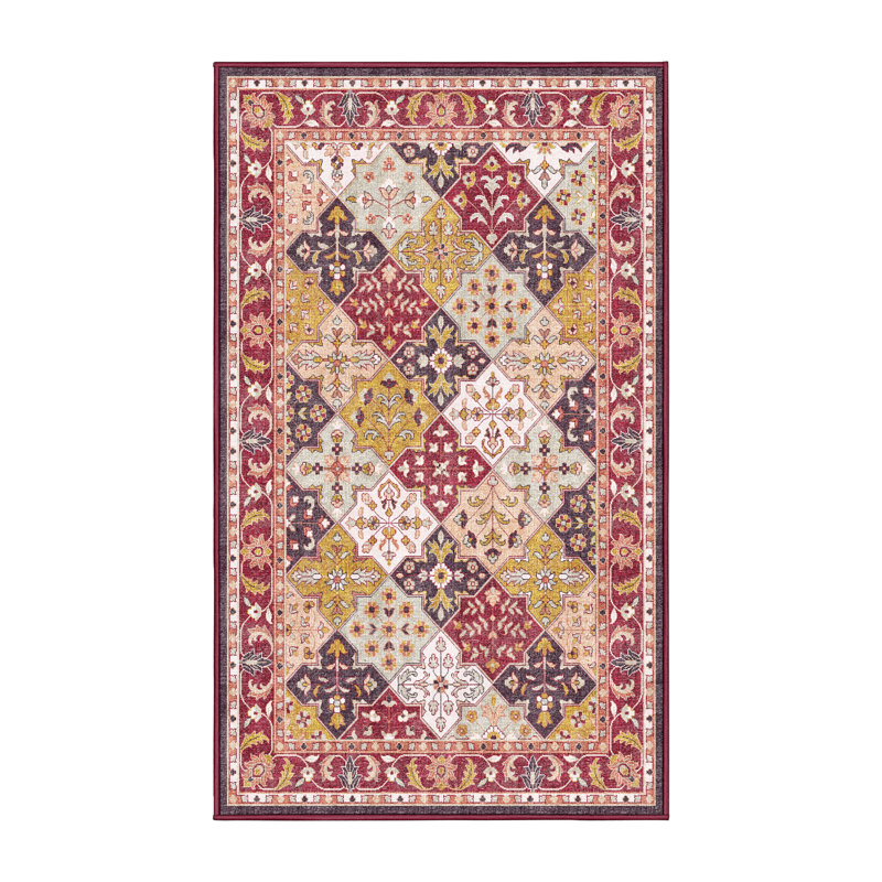 Tapis oriental en chenille / polyester tissé à la main Fionnula en rouge / jaune / blanc, Rectangle 8 pi x 10 pi