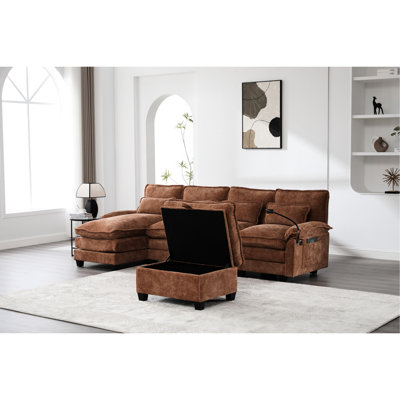 4 sièges en forme de U pour l'espace de vie principal, tissu en chenille orange, structure en bois massif, encastré et de type C, support pour téléphone et poches de rangement latérales, cadre souple, charge, repose-pieds amovible