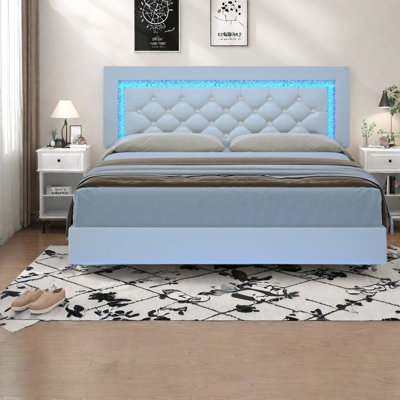 Structure de lit beige robuste, cuir PU avec DEL, chambre à coucher moderne