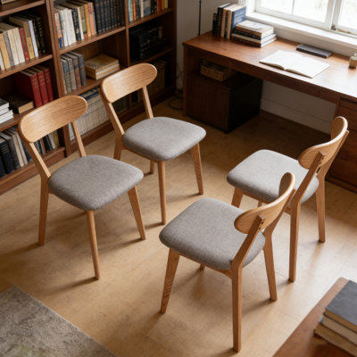 set of 4 Mid Century Modern Oak Dining Chairs - Upholstered Seat with Curved Butterfly Wing Back, Suitable for Kitchen, Dining Room, Restaurant