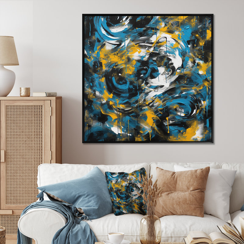 «Blue and Yellow Abstracted Realms I», reproduction sur toile, 24" H x 24" W, Cadre flottant noir