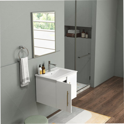 Meuble-lavabo mural avec lavabo et miroir, portes doubles, charnières à fermeture en douceur, lavabo en céramique, assemblage facile, poignées longues, rangement généreux