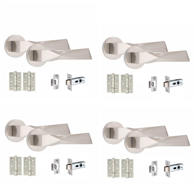 4 Pairs Modern Aura Design Premium Door Handles on Round Rose in Satin Nickel Finish, Satin Nickel