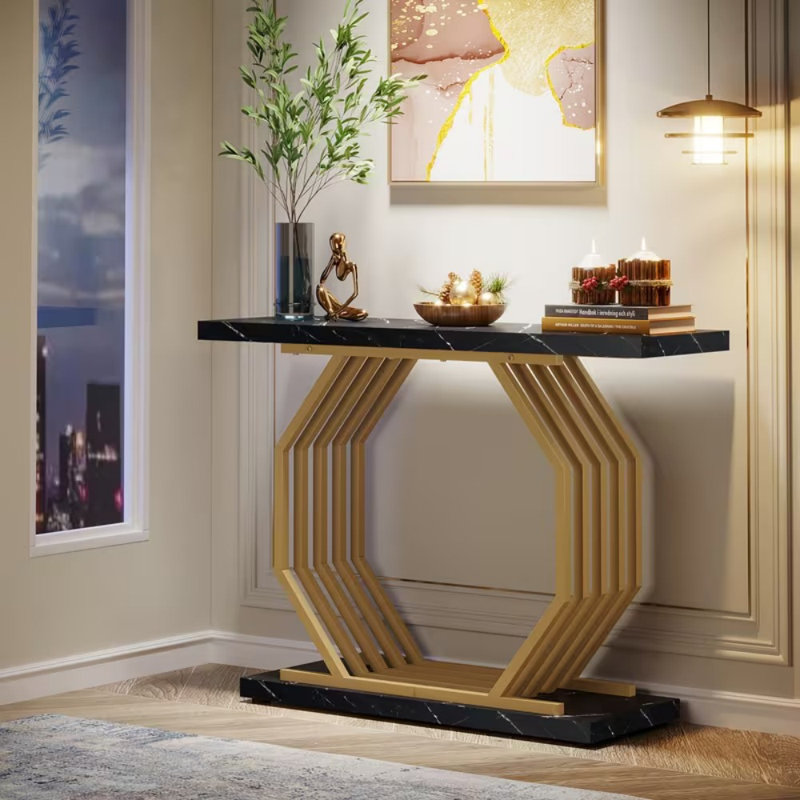 Gold Console Table, Faux Marble Entryway Table Narrow Sofa Table With Geometric Metal Base, 40 Inch Modern Accent Table Entrance Table For Living Room, Hallway, Foyer, Black