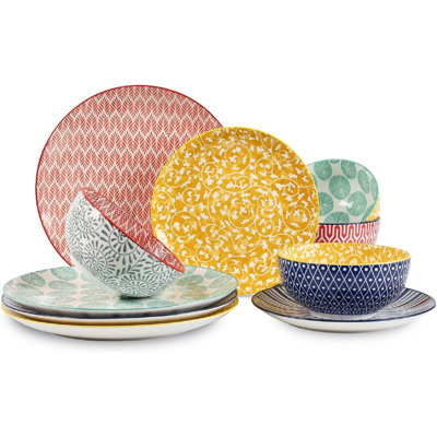Service de vaisselle en céramique colorée, résistant aux égratignures, adapté au lave-vaisselle et au micro-ondes, avec une variété de couleurs, pour 4 personnes, 12 pièces