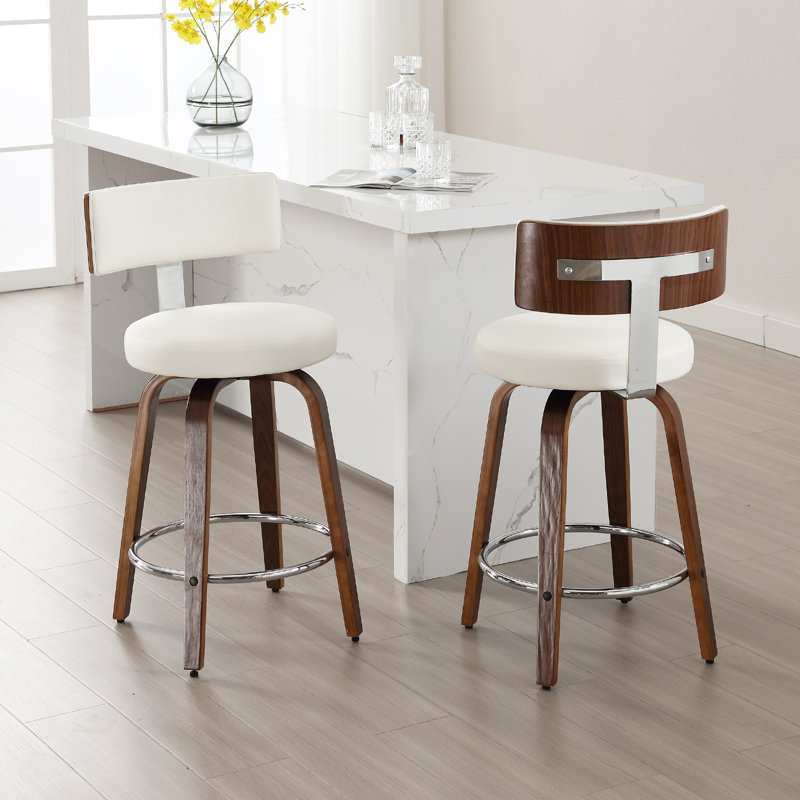 Sonja Swivel Upholstered Counter Stool, Counter Stool (26" Seat Height), White Seat/ Brown Frame