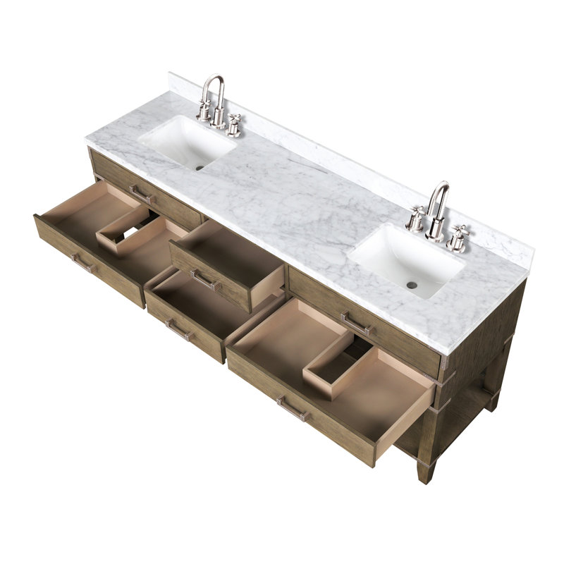 Ensemble de meuble-lavabo double avec plateau en marbre de Carrare et robinet