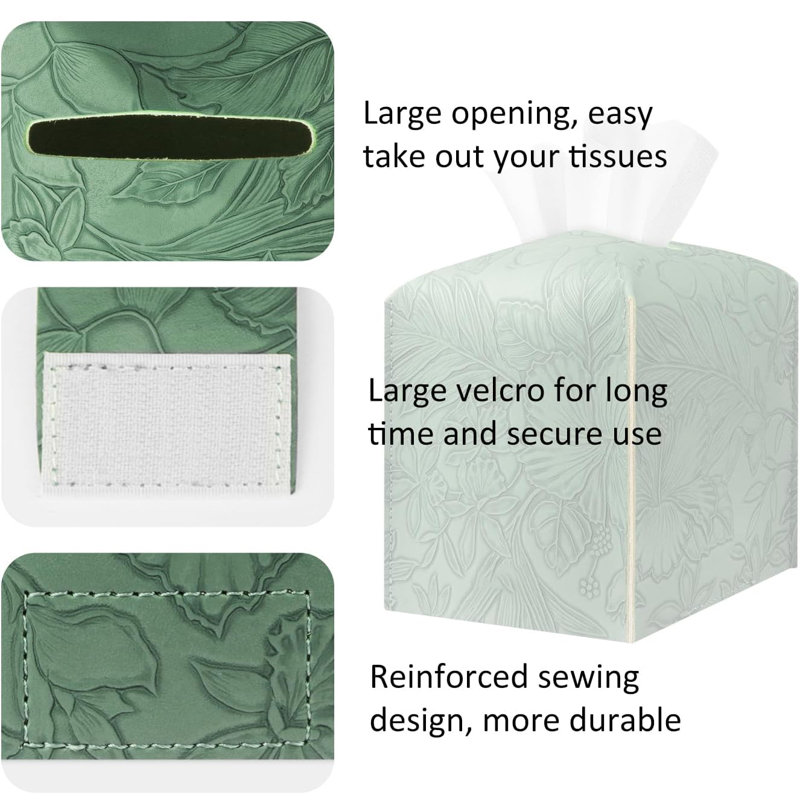 PU Leather Tissue Organizer with Bottom Belt and High Performance Hook and Loop Fastener, Green