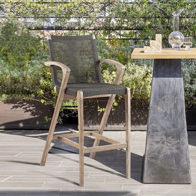 Aleksandrina Outdoor Counter or Bar Height Bar Stool with Arms in Eucalyptus Wood and Rope