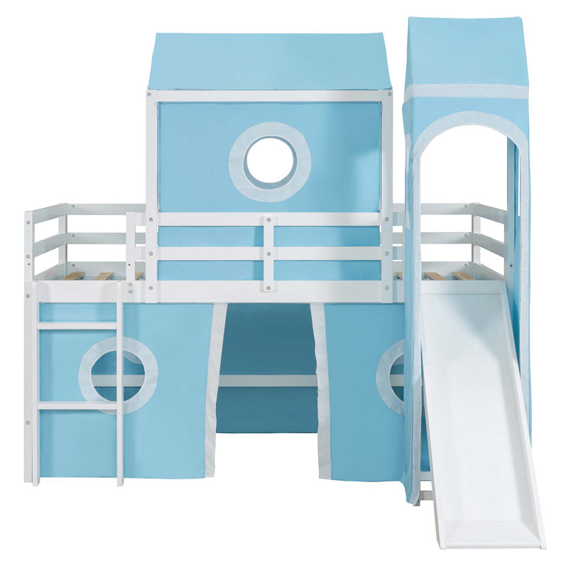 Lit mezzanine avec glissade et tour, Bleu, Simple
