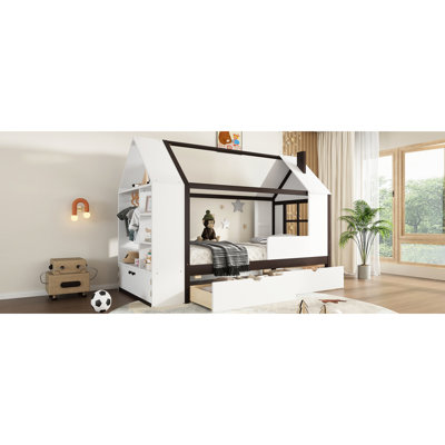 Lit plateforme simple avec tiroirs et tablettes, blanc et confortable pour le rangement en bois massif, chambre moderne