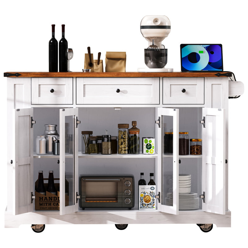 53'' Farmhouse Kitchen Island Cart With Power Outlet, Glass Doors, Drop Leaf, Drawers & Wheels, White, White
